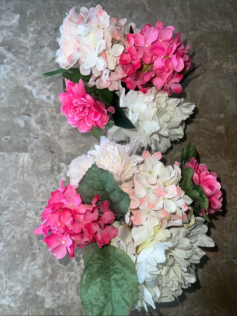 Handmade Floral Pink & White Artificial Arrangement in Decorative Green Vase Set